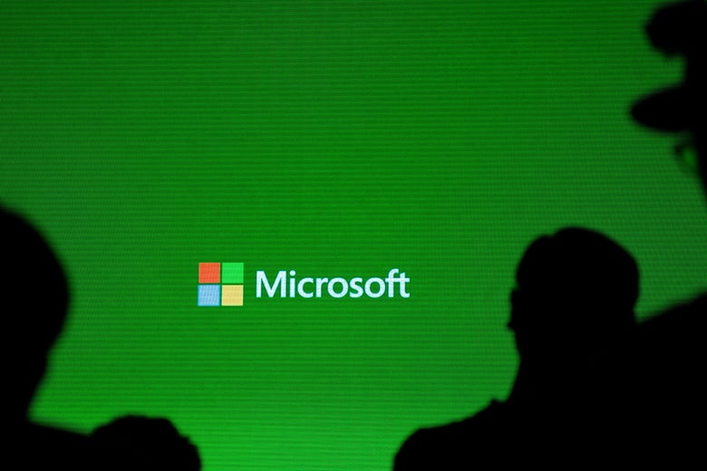 A Microsoft logo is pictured during a presentation.